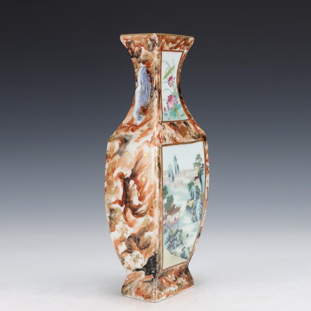 A pastel wood grain glaze square landscape painting amphora made in the Qianlong Zheng year of the: Qing Dynasty Qianlong Zheng year pastel wood grain glaze square landscape picture amphora flat bottle Size:H:25.5cm Abdominal diameter:10.2cm (The Dimensions Of All Batches Are Manually Measured.If Yo