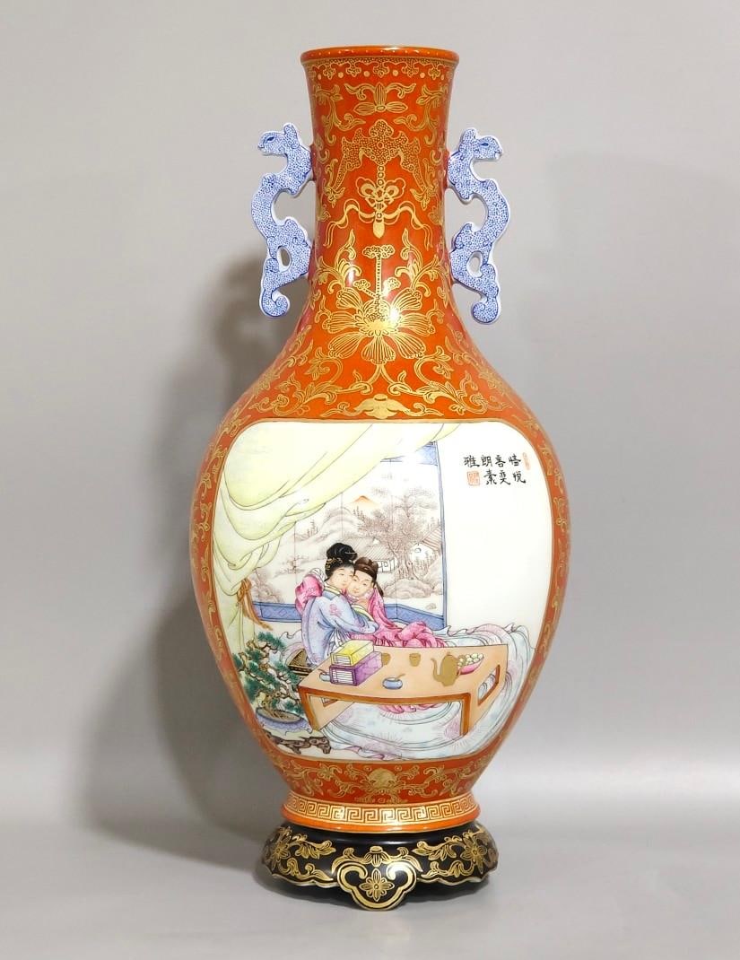 A Qing Dynasty Qianlong Zhengjing Character Xiangji Coral Red Gold-painted Amphora: Qing Dynasty Qianlong Zhengnian Character Xiangji Coral Red Gold-painted Amphora Size:H:27.cmD:12.5cm (The Dimensions Of All Batches Are Manually Measured.If You Need More Detailed Information, Please