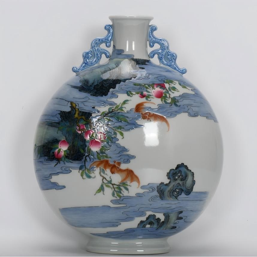 A beautiful enamel colorful Fushan Shouhai amphora with moon vase: Exquisite enamel color Fushan Shouhai amphora with moon vase SIZE: H:31.8cm Belly D:25.7cm Bottom11.2cm (The Dimensions Of All Batches Are Manually Measured.If You Need More Detailed Information, Plea