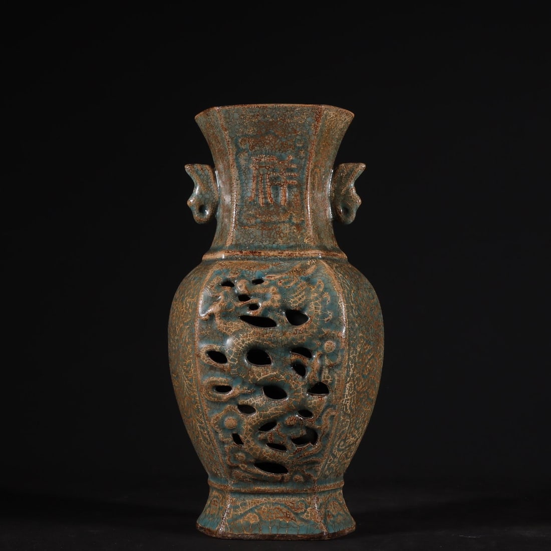 A six-sided auspicious amphora with azure glaze hollow dragon pattern from a firewood kiln in the: Song Dynasty firewood kiln azure glaze hollow dragon pattern hexagonal auspicious amphora SIZE: H:22.4cm W:12cm (The Dimensions Of All Batches Are Manually Measured.If You Need More Detailed Informati