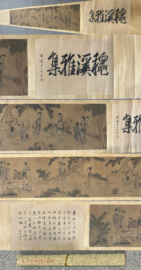 A silk beauty picture hand scroll by Du Jin: Du Jin's silk beauty picture hand scrollsize:480x53cm(The Dimensions Of All Batches Are Manually Measured.If You Need More Detailed Information, Please Contact Our Customer Service Before Bidding.)