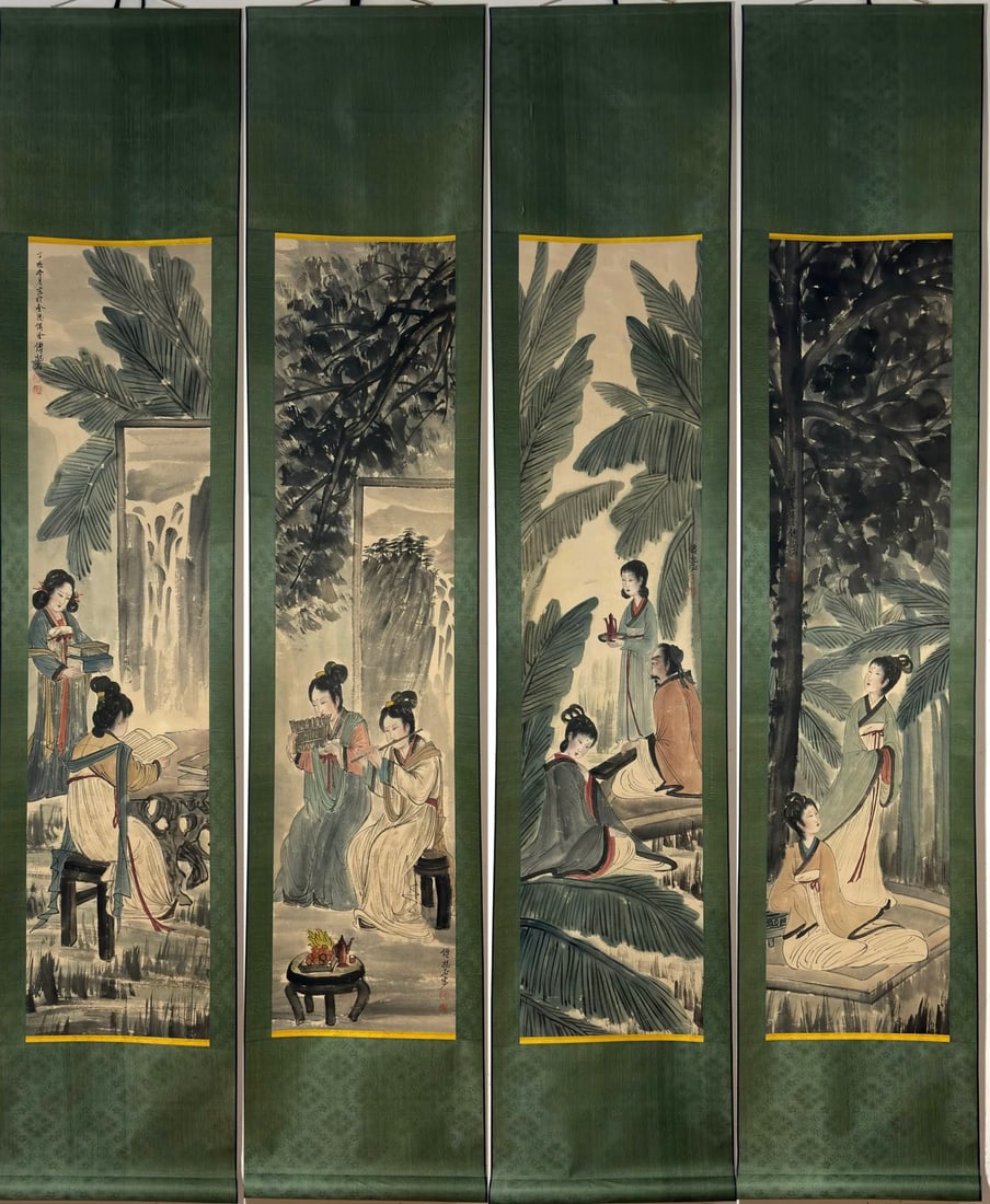 A figure of Fu Baoshi has four screens on the vertical axis: Fu Baoshi's character picture has four vertical axes Whole Size:203x41cm Flower core Size:136x31.5cm (The Dimensions Of All Batches Are Manually Measured.If You Need More Detailed Information, Please