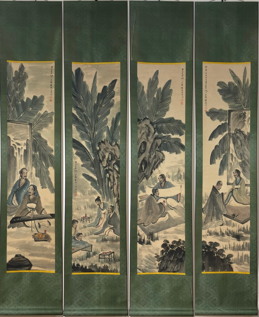 A figure of Fu Baoshi has four screens on the vertical axis: Fu Baoshi's character picture has four vertical axes Whole Size:203x41.5cmFlower core Size:136x31cm (The Dimensions Of All Batches Are Manually Measured.If You Need More Detailed Information, Please C