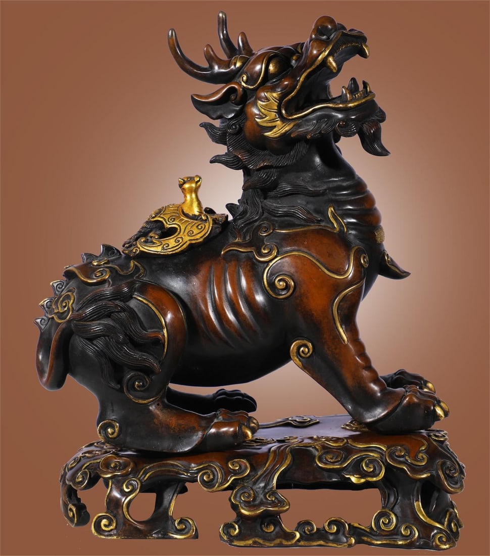 A pair of Qing Dynasty precision cast copper tire gilt unicorn smokers (1 of 8)