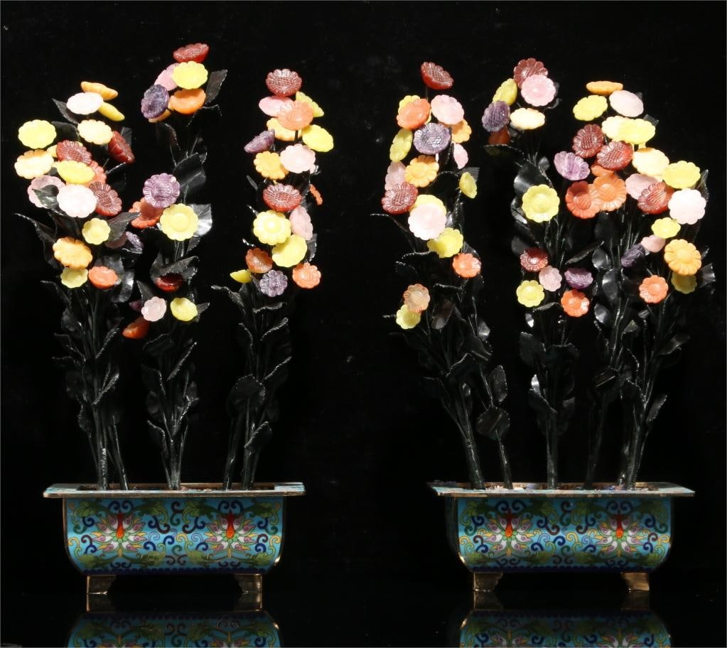 A pair of late Qing cloisonné agate flower bonsai (1 of 9)