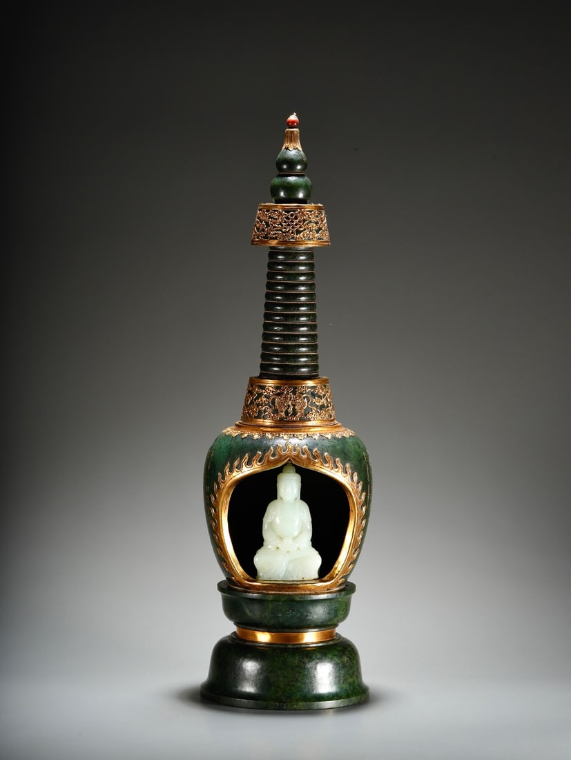 A piece of Hetian jasper carved Huayan Sutra pagoda: Hetian jasper carved Huayan Sutra pagoda SIZE: H: 50.5cm White Jade Buddha H: 10cm Total W: 4083g (The Dimensions Of All Batches Are Manually Measured.If You Need More Detailed Information, Please Con