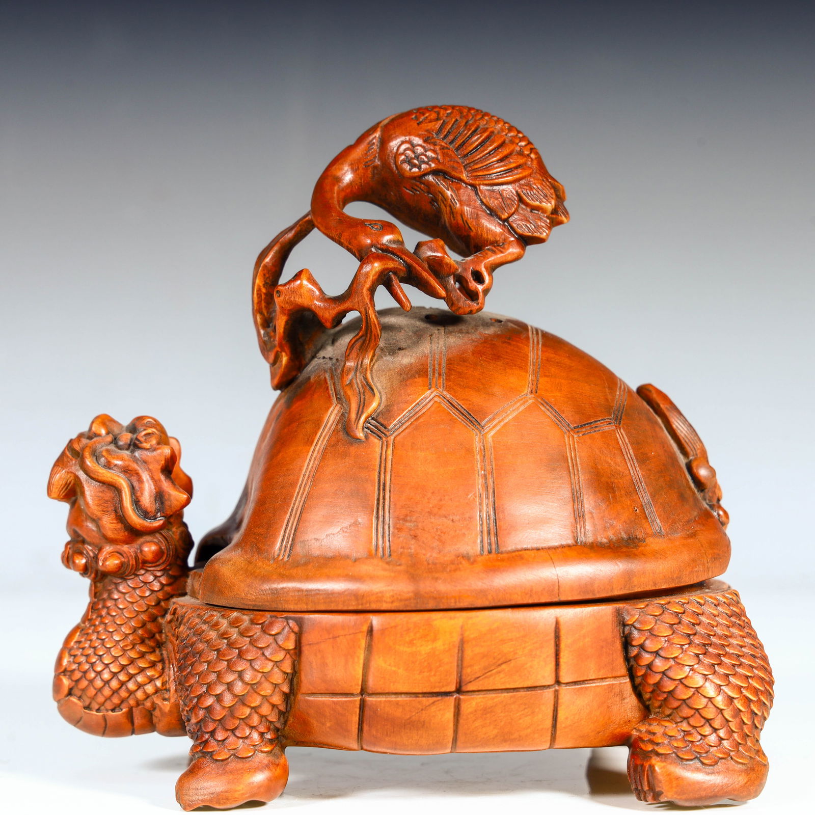 A Qing Dynasty fine boxwood carving turtle and crane longevity aromatherapy (1 of 11)