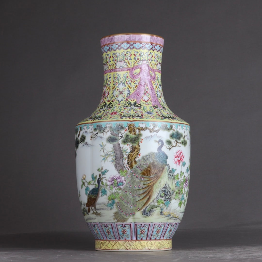 A Qing Dynasty Yongzheng enamel color window flower and bird poetry vase: Qing Dynasty Yongzheng enamel color window flower and bird poetry vase SIZE: H:32.3cm BellyD:18cm (The Dimensions Of All Batches Are Manually Measured.If You Need More Detailed Information, Please Con
