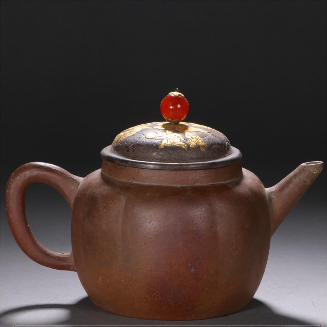 A Qing Dynasty purple sand inlaid with gold figure pattern pot (1 of 13)