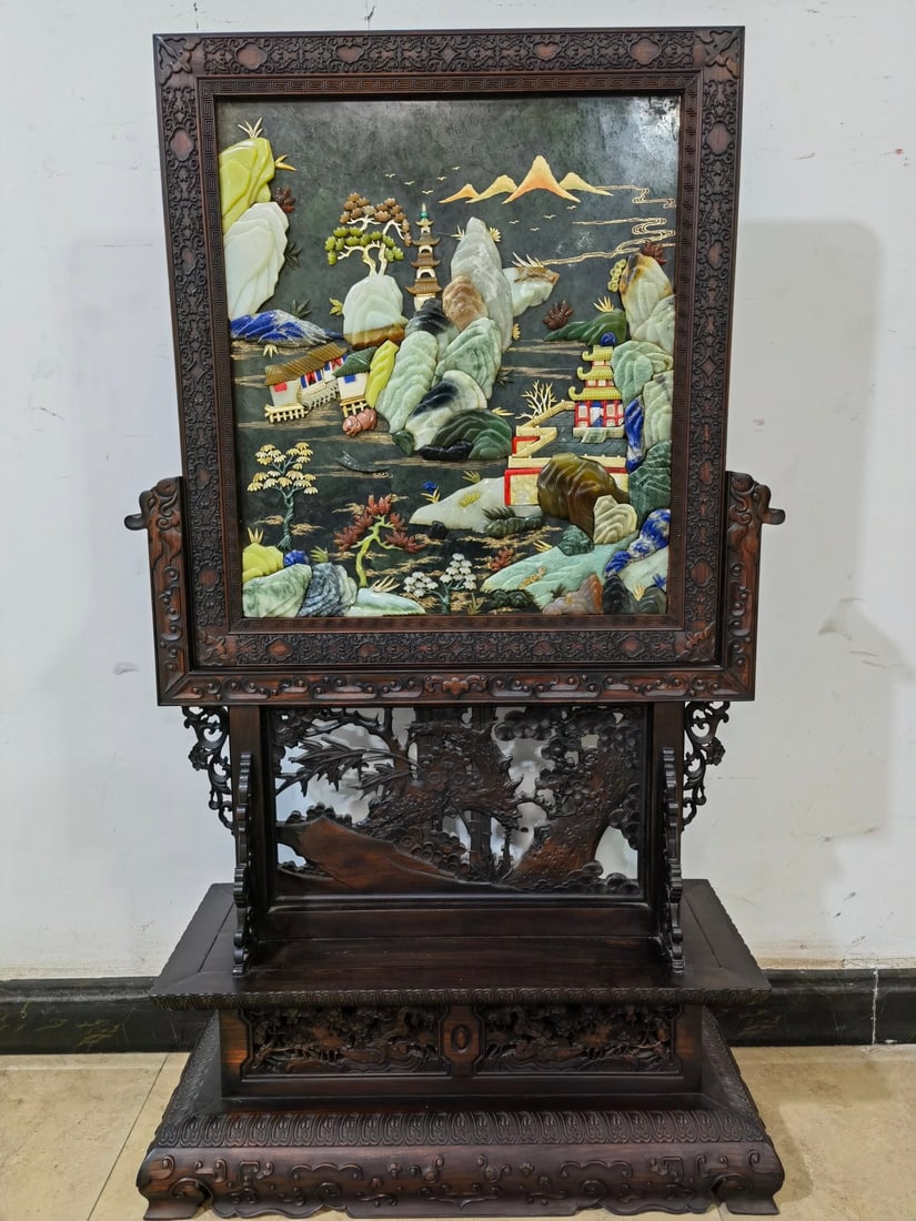 A jasper inlaid landscape map seat screen of the Qing Dynasty: Qing Dynasty jasper inlaid with a hundred treasures of landscape picture seat screen SIZE: H:109.5cm W:63.5cm (The Dimensions Of All Batches Are Manually Measured.If You Need More Detailed Information