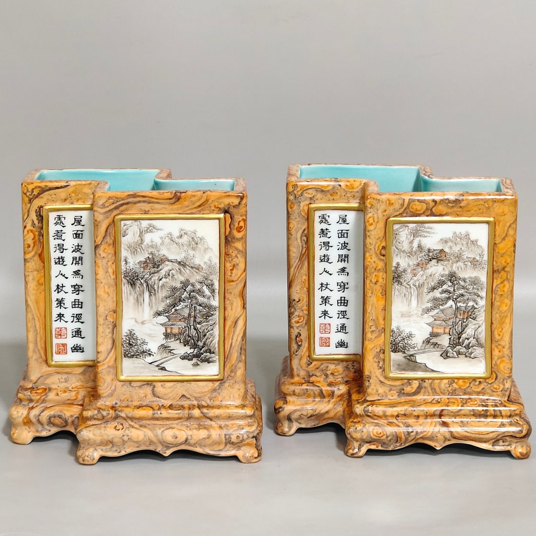 A Qianlong stone pattern glazed window-opening landscape poem conjoined twin pen holder of the Qing: Qing Dynasty Qianlong stone pattern glazed window open window landscape inscription poem conjoined twin pen holder SIZE: H:11.1cm D:9.2cm (The Dimensions Of All Batches Are Manually Measured.If You Ne