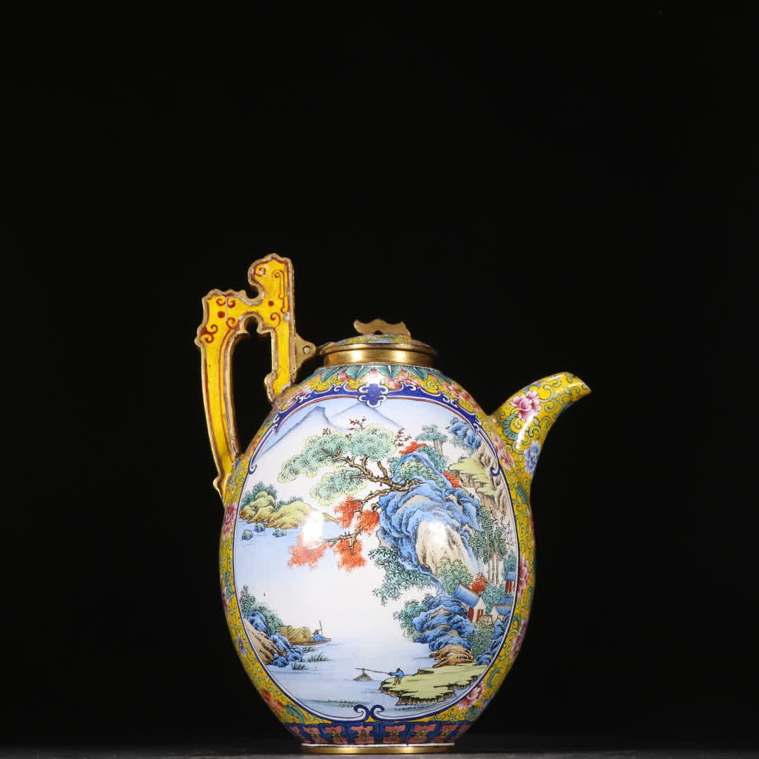 A Qing Dynasty copper tire painting enamel window landscape pot: Qing Dynasty bronze tire painting enamel window landscape scenery holding pot SIZE: H:14.6cm W:11cm W:336.3g (The Dimensions Of All Batches Are Manually Measured.If You Need More Detailed Information,