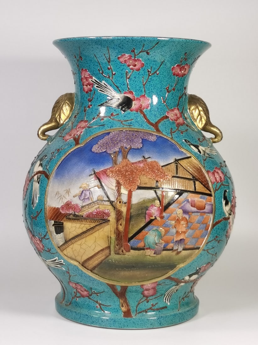 A Qianlong furnace glazed carved magpie with a window of the Qing Dynasty: Qing Dynasty Qianlong furnace Jun glaze carving magpie Deng Mei open window farming picture bottle SIZE: H:34cm mouthD:19.5cm BellyD:26cm (The Dimensions Of All Batches Are Manually Measured.If You Ne