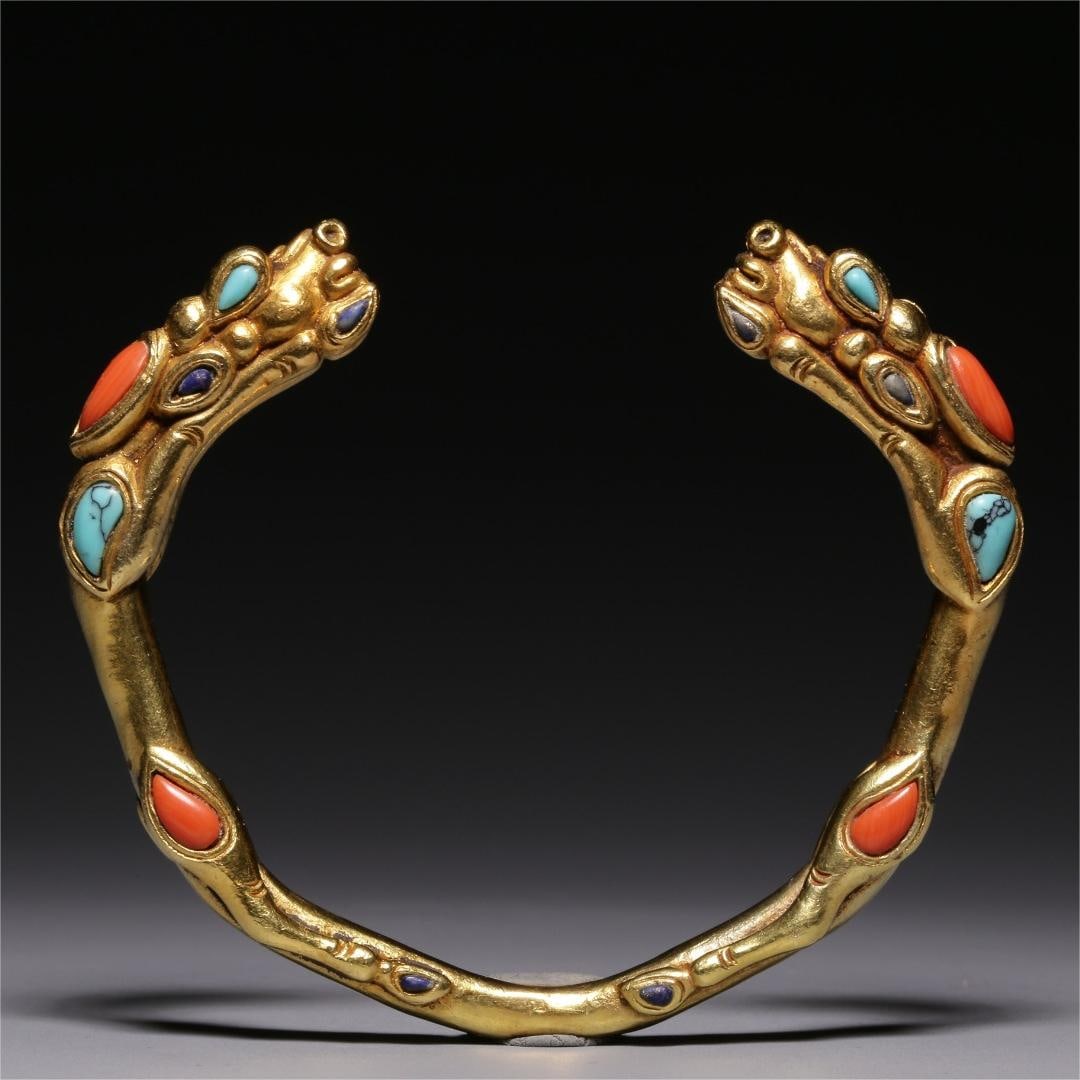 Tang Dynasty pure gold inlaid coral turquoise double dragon bracelet (1 of 9)