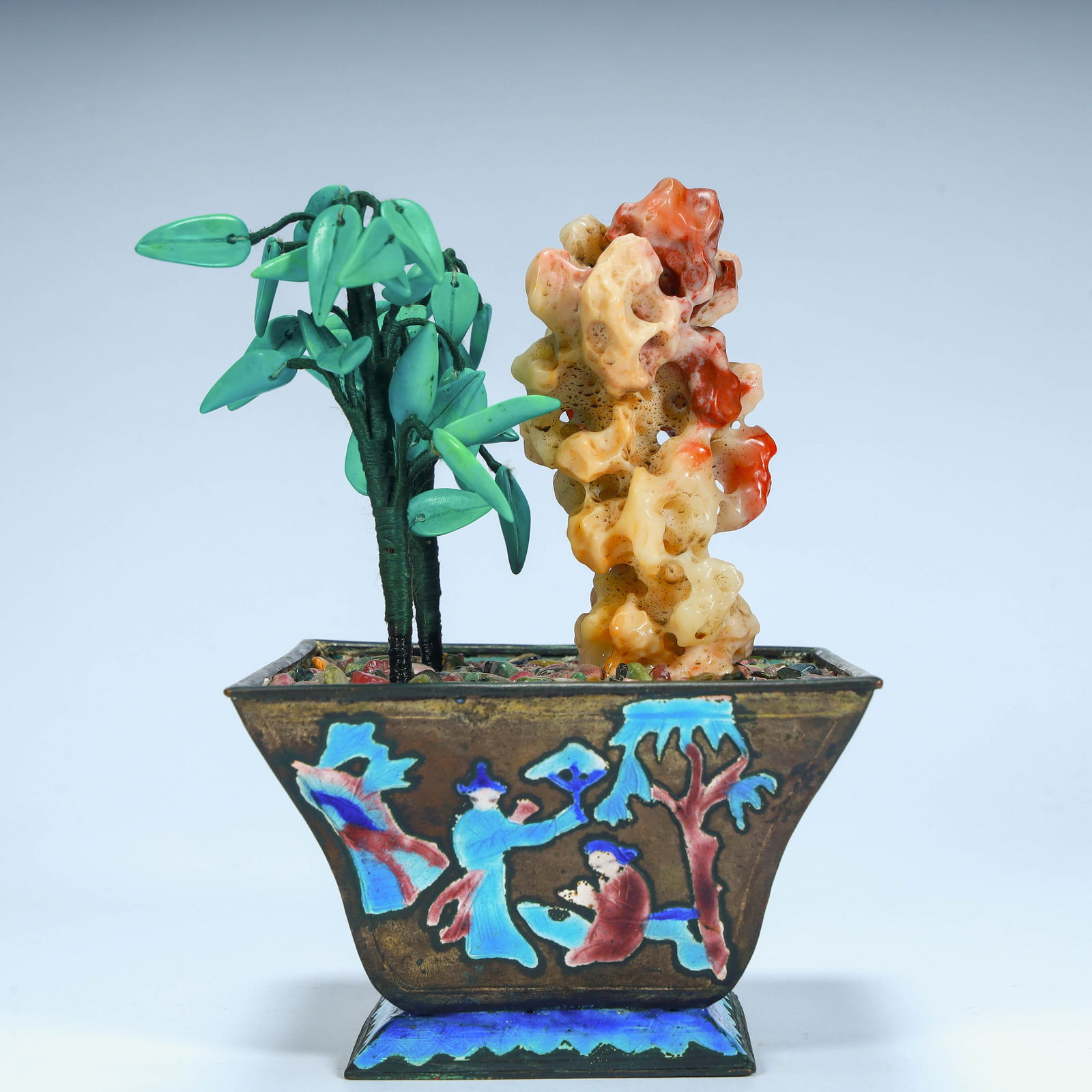 Qing Dynasty copper tire cloisonné enamel study bonsai: Qing Dynasty copper tire cloisonné enamel study bonsai Size: H:15cm L: 10.5cm W:10.5cm W:709g (The Dimensions Of All Batches Are Manually Measured.If You Need More Detailed Information, Please Contac