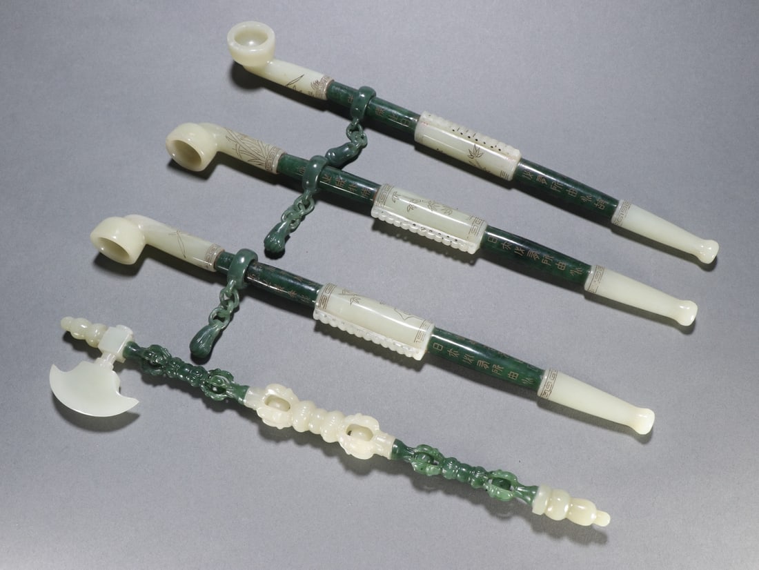 Qing Dynasty Hetian jade-inlaid jasper bamboo pattern cigarette holder: Qing Dynasty Hetian jade-inlaid jasper bamboo pattern cigarette holder Size:L:35.4cm W:3.2cm W:242.2g (The Dimensions Of All Batches Are Manually Measured.If You Need More Detailed Information, Please