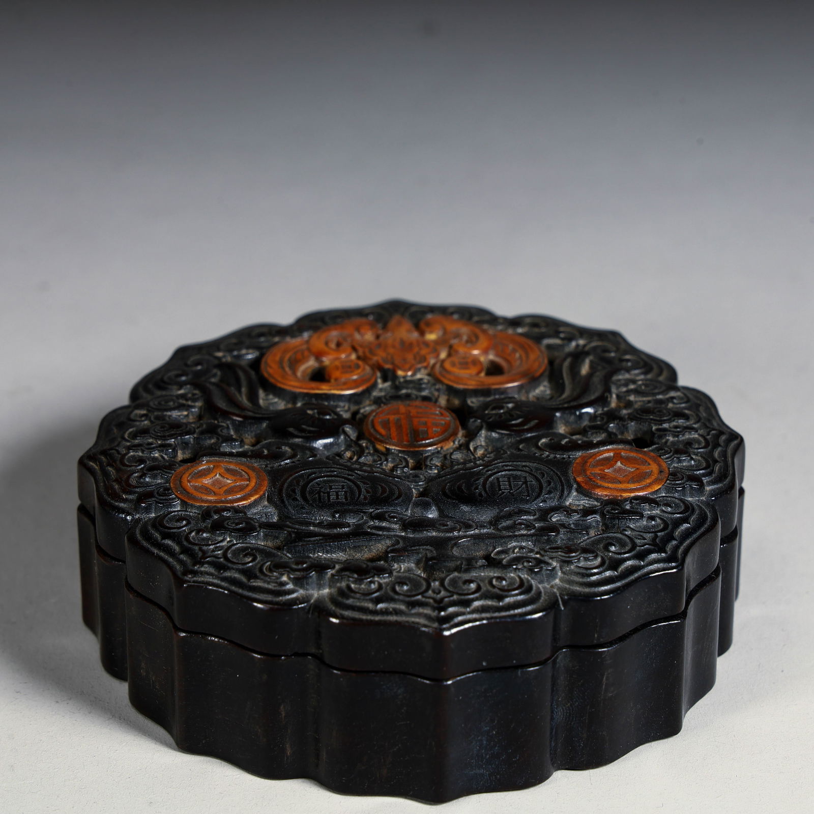 Qing Dynasty mahogany inlaid boxwood blessing in front of the incense box (1 of 8)