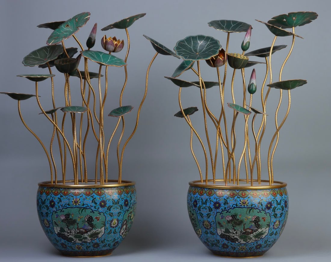 A pair of court-style cloisonné lotus bonsai (1 of 10)