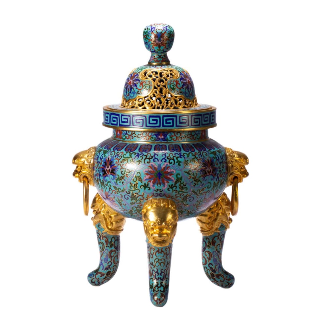 A piece of Qing Dynasty cloisonné three-legged beast ear smoke: Qing Dynasty cloisonné three-legged beast ear smoke SIZE: L:30cm W:25cm H:50cm W:9500g (The Dimensions Of All Batches Are Manually Measured.If You Need More Detailed Information, Please