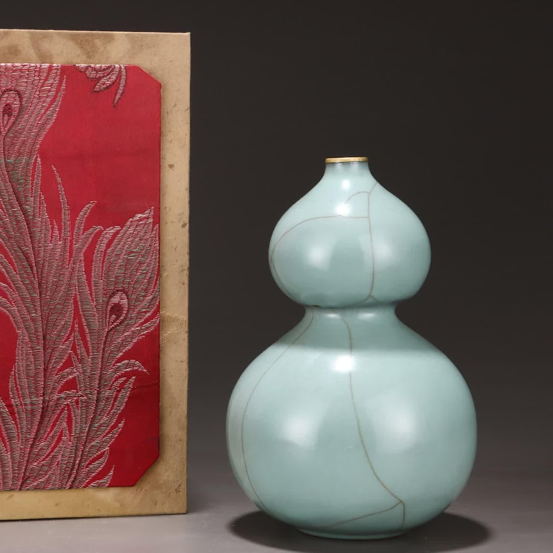 A Qing palace Song official kiln powder celadon glazed inlaid with gold buckle gourd bottle (1 of 8)