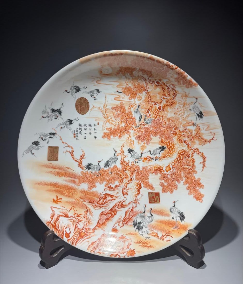 A piece of Qing Qianlong vanadium red color Lang Shining painted eighteen Xue Shi birthday: Qing Qianlong model vanadium red color Lang Shining painted the eighteenth school to celebrate the birthday appreciation plate SIZE: D:51cm H:9cm (The Dimensions Of All Batches Are Manually