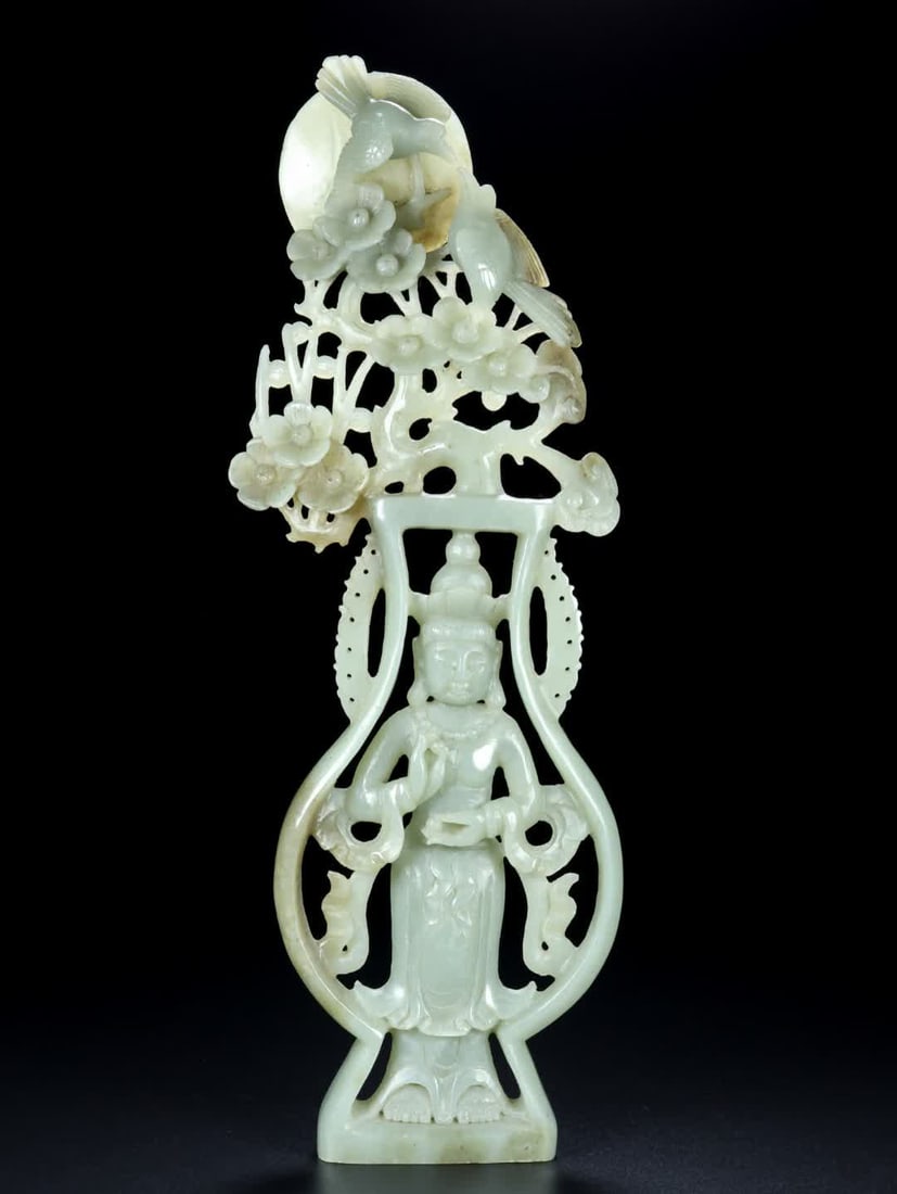 A jade Buddha statue of ancient mountains: Ancient mountain jade Buddha statue SIZE: H:32cm W:11.5cm T:3cm W:552.5g (The Dimensions Of All Batches Are Manually Measured.If You Need More Detailed Information, Please Contact Our Customer