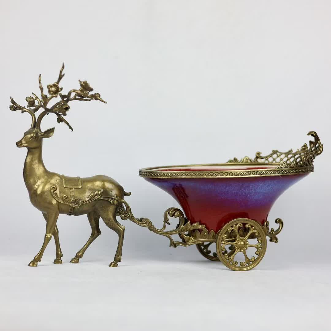 A kiln glazed copper elk puller: The kiln is glazed and inlaid with copper elk pulling carts SIZE: H:26cm D:60cm (The Dimensions Of All Batches Are Manually Measured.If You Need More Detailed Information, Please Contact Our