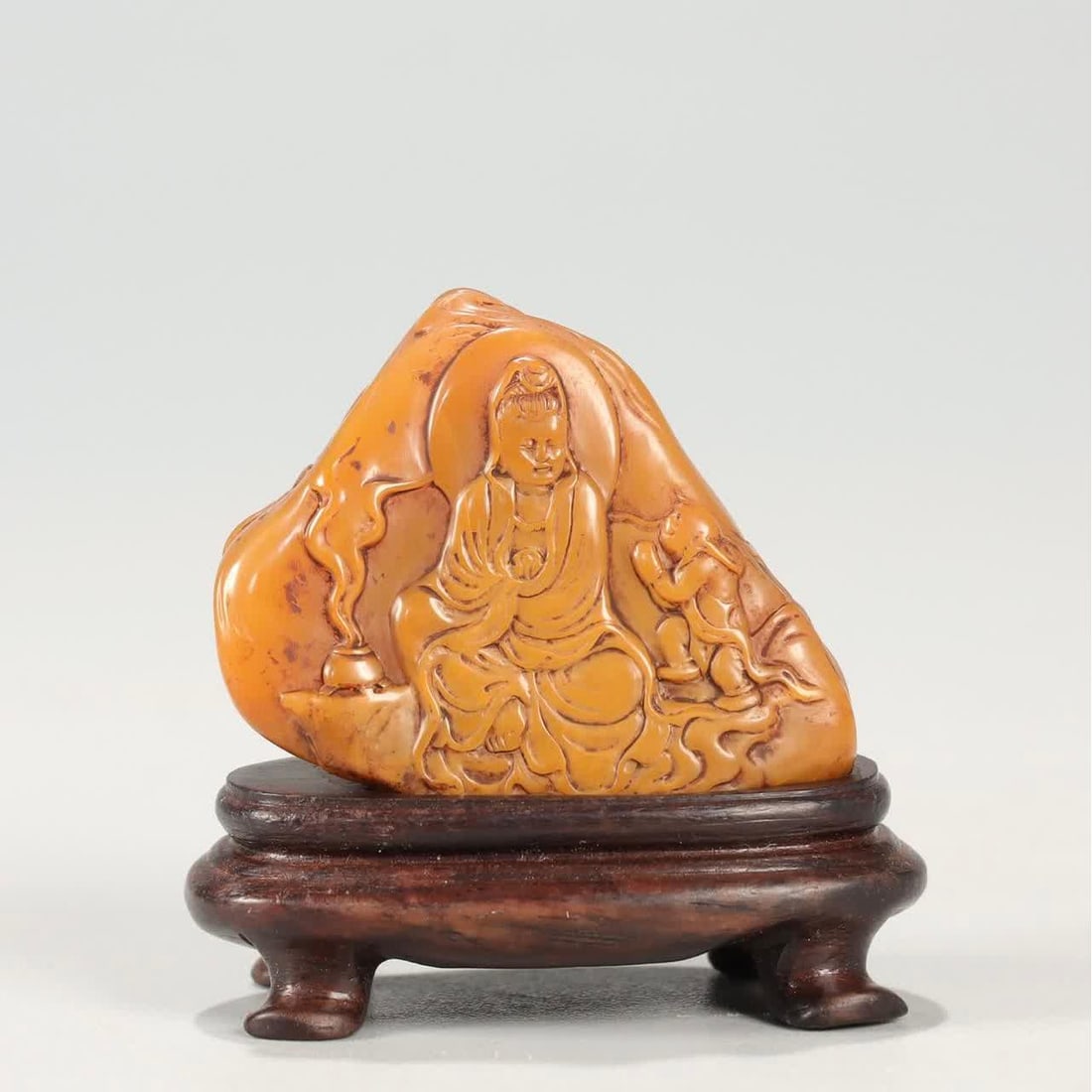 A Qing Dynasty Tianhuang stone carving Lin Youzhu style boy worshiping Guanyin ornament (1 of 8)