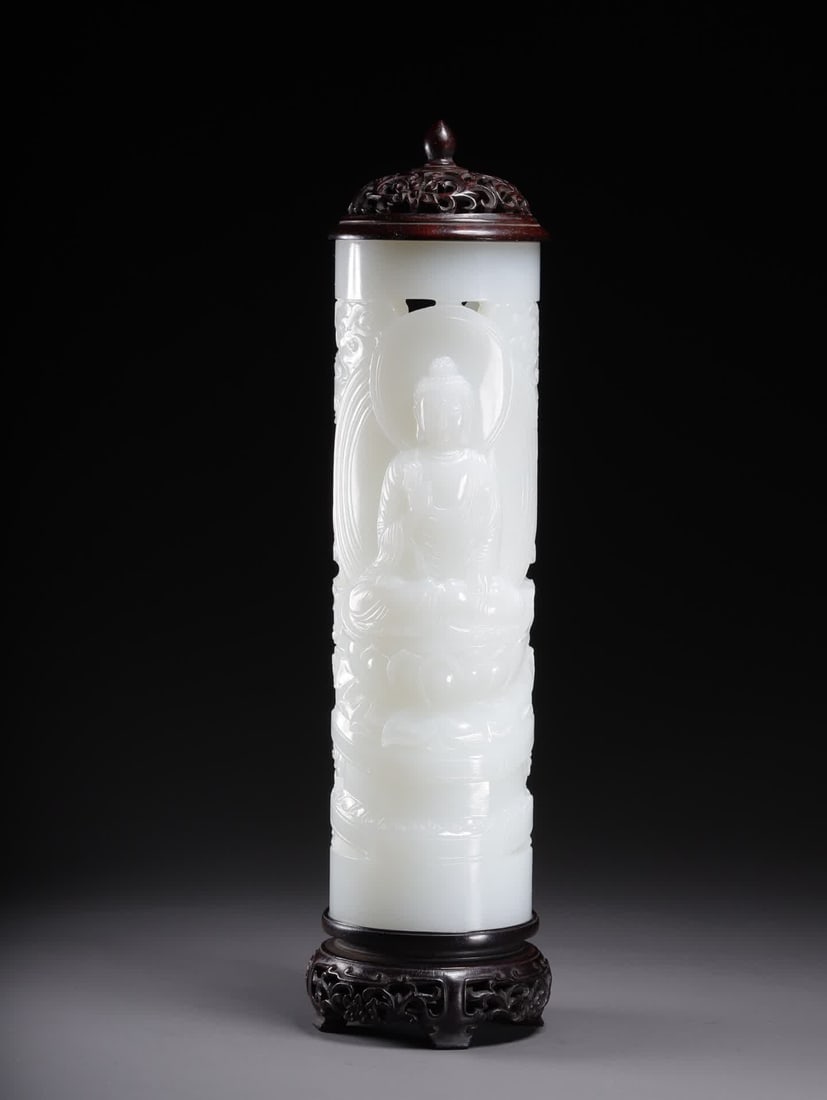 A Qing Dynasty Hetian white jade Buddha incense tube (1 of 10)