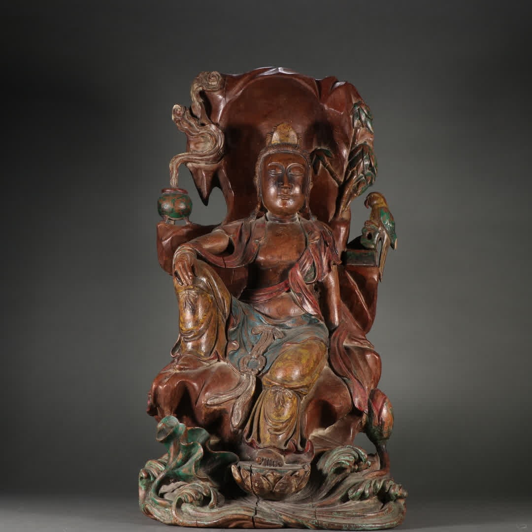 A piece of agarwood painted Guanyin statue: Agarwood painted Guanyin statue SIZE: H:50cm W:25cm W:5.1kg (The Dimensions Of All Batches Are Manually Measured.If You Need More Detailed Information, Please Contact Our Customer Service