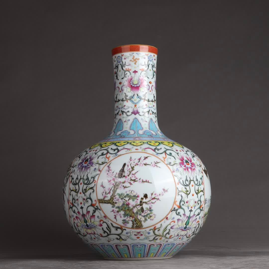 A Qing Qianlong pastel entwined lotus window flower and bird pattern sky ball vase: Qing Qianlong pastel entwined lotus window flower and bird pattern sky ball vase SIZE: H: 32cm Belly diameter 23cm (The Dimensions Of All Batches Are Manually Measured.If You Need More Detailed