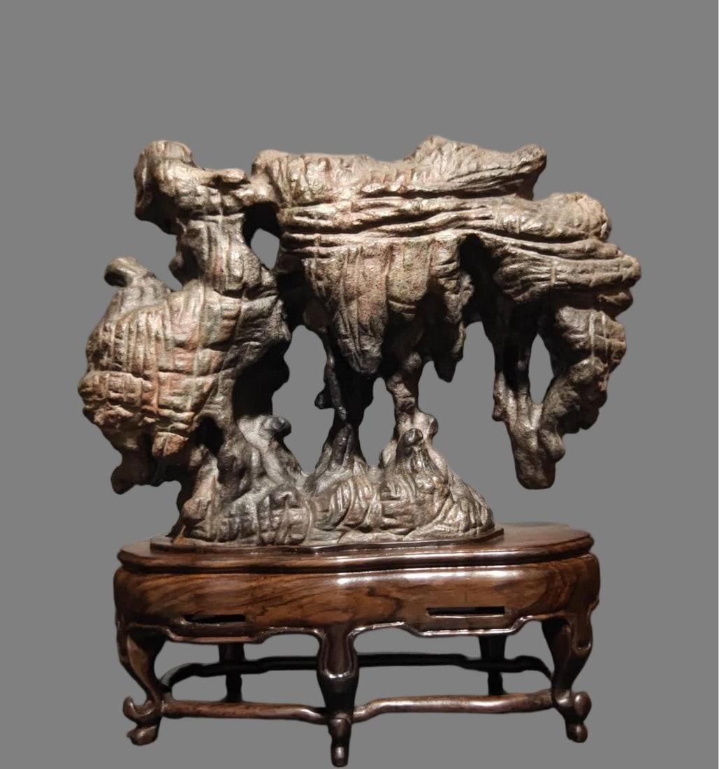 A Qing Dynasty landscape Lingbi stone: Qing Dynasty landscape Lingbi stone SIZE: With base H: 31cm W: 32cm T: 11cm 8.7kg (The Dimensions Of All Batches Are Manually Measured.If You Need More Detailed Information, Please Contact Our Custome