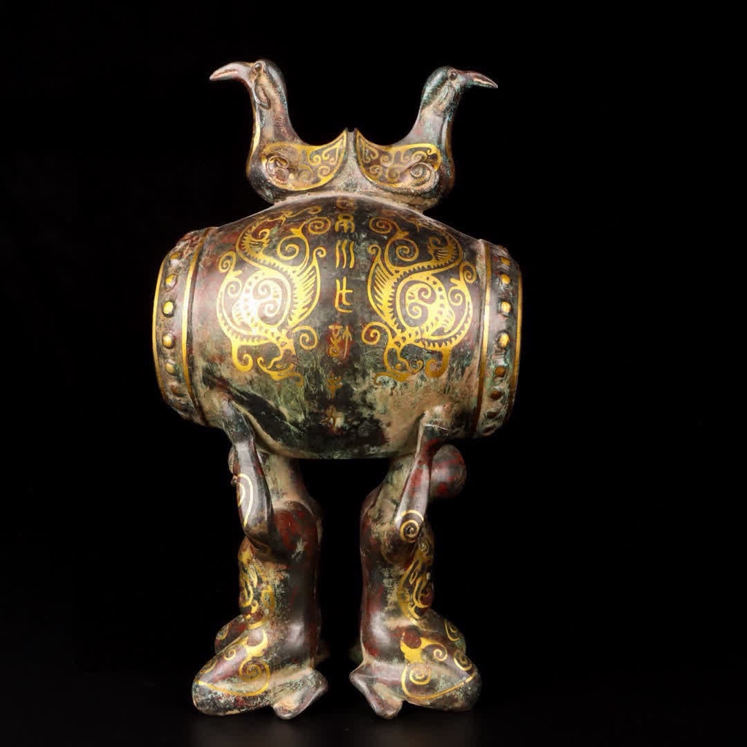 A Han Dynasty Cuojin double carrying a bird drum: Han Dynasty Cuo Jin double carried bird drums SIZE: W:3145g L:19cm W:14cm H:36cm (The Dimensions Of All Batches Are Manually Measured.If You Need More Detailed Information, Please Contact Our Customer
