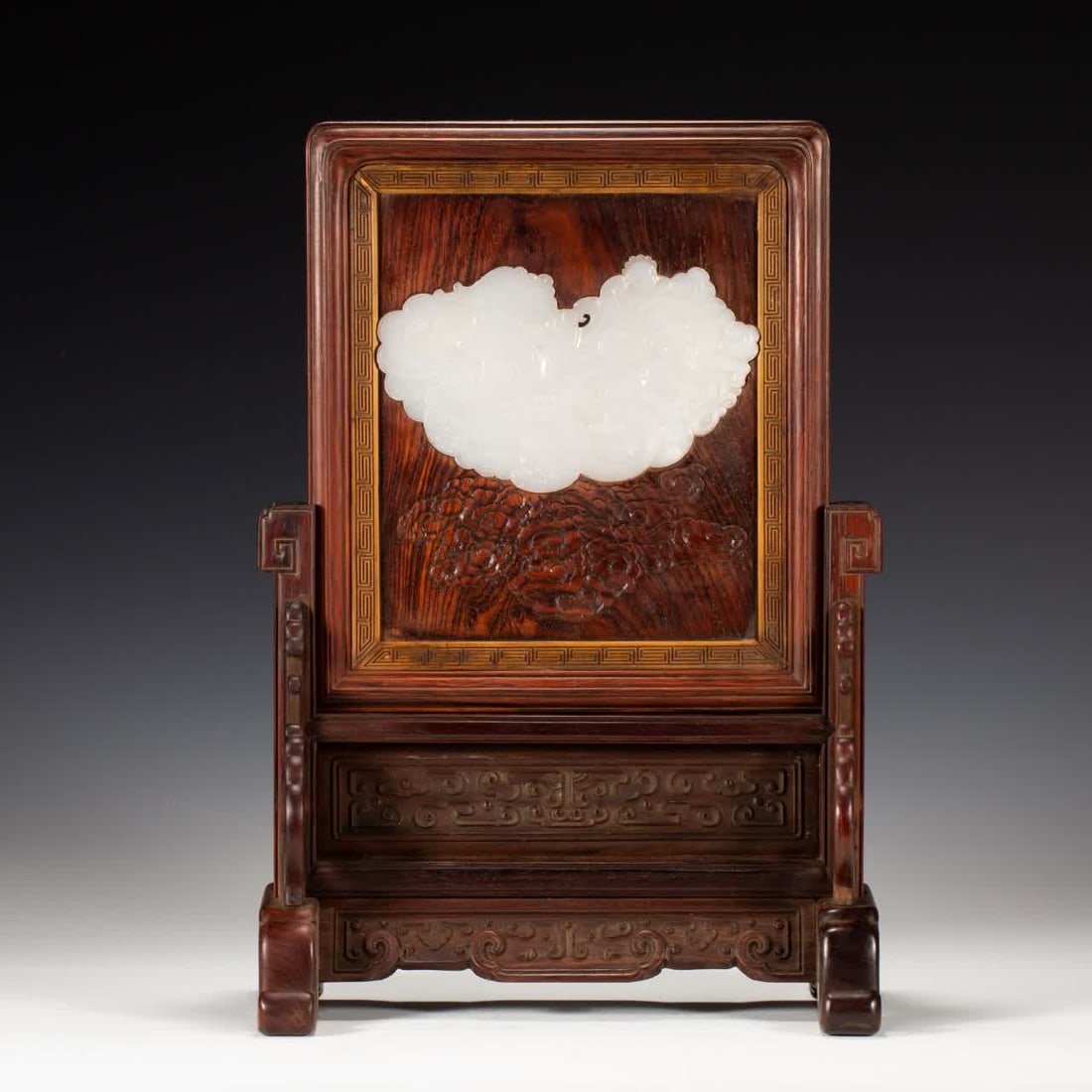 A Qing Dynasty Huanghuali embedded Hetian white jade fish dragon interstitial screen (1 of 9)