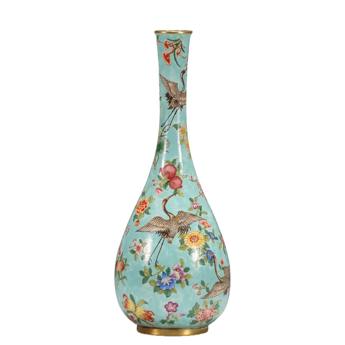 A Qing Dynasty copper gilt painted enamel long-necked vase: Qing Dynasty copper gilt painted enamel long-neck vase SIZE: L:7.5cm W:7.5cm H:19.5cm W:290g (The Dimensions Of All Batches Are Manually Measured.If You Need More Detailed Information, Please