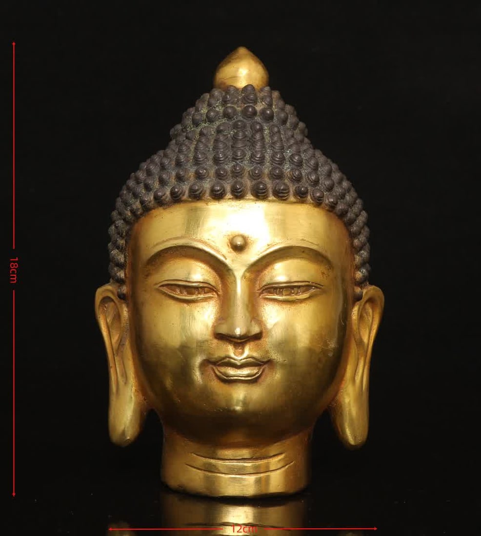 A Qing Dynasty copper gilt Buddha head ornament: Qing Dynasty copper gilt Buddha head ornament SIZE: H:18x12cm W:1.8kg (The Dimensions Of All Batches Are Manually Measured.If You Need More Detailed Information, Please Contact Our Customer