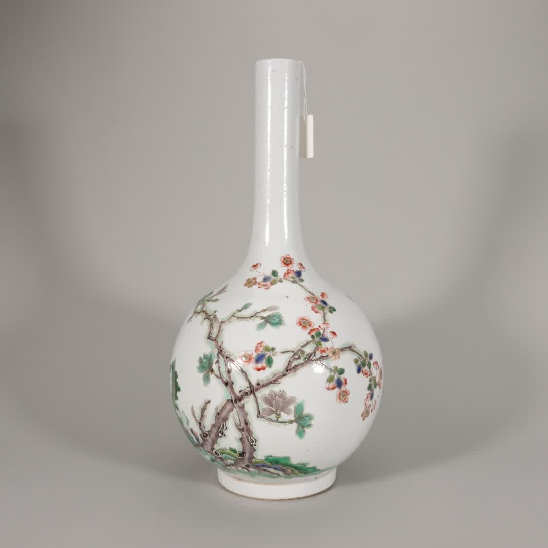 A Qing Dynasty Kangxi colorful flower character story cone handle bottle (1 of 9)