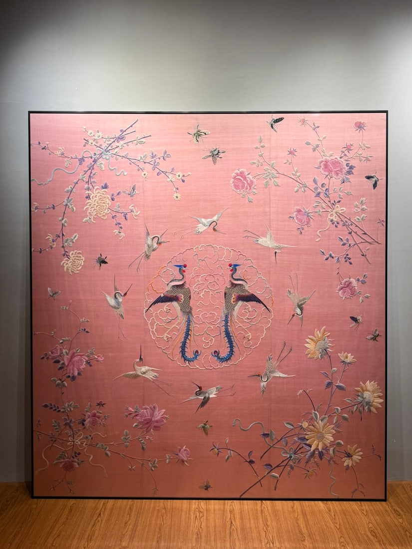 A Cantonese embroidered pink large-size double phoenix from the Republic of China period: Cantonese embroidery pink large-size double phoenix ceremony during the Republic of China Size:227x208cm (The Dimensions Of All Batches Are Manually Measured.If You Need More