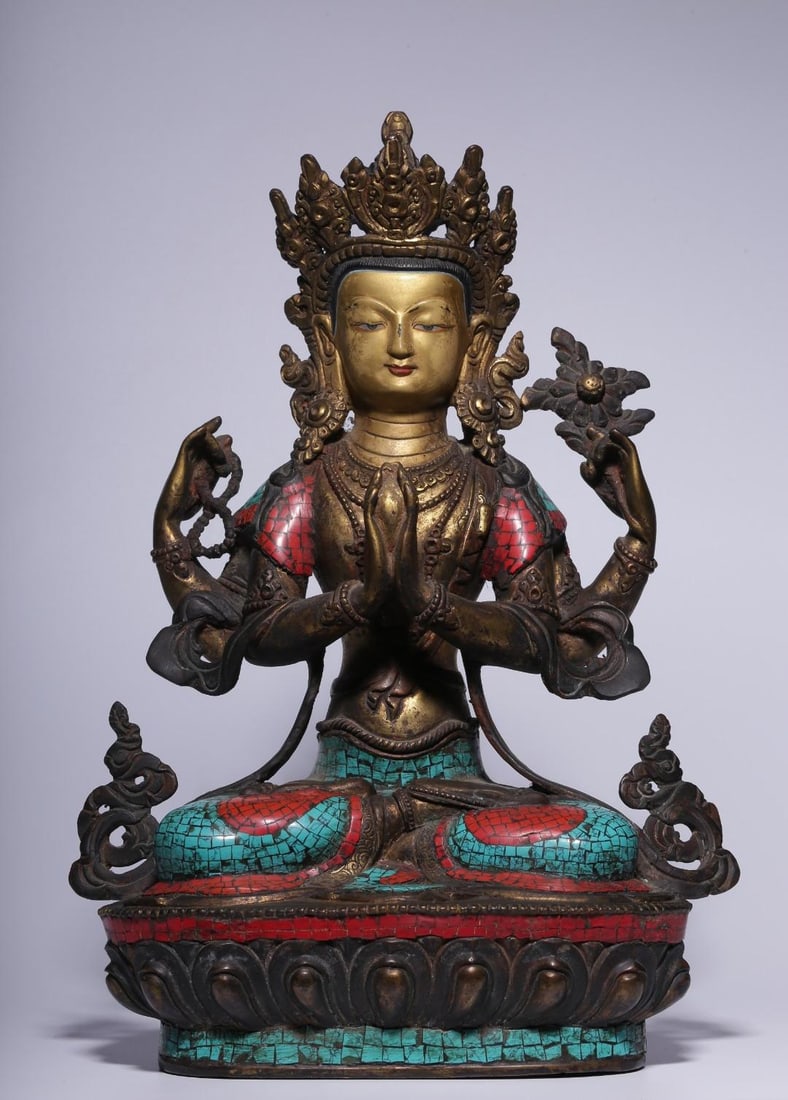 A beautiful four-armed seated statue of Guanyin with copper clay and gold inlaid with gemstones (1 of 12)