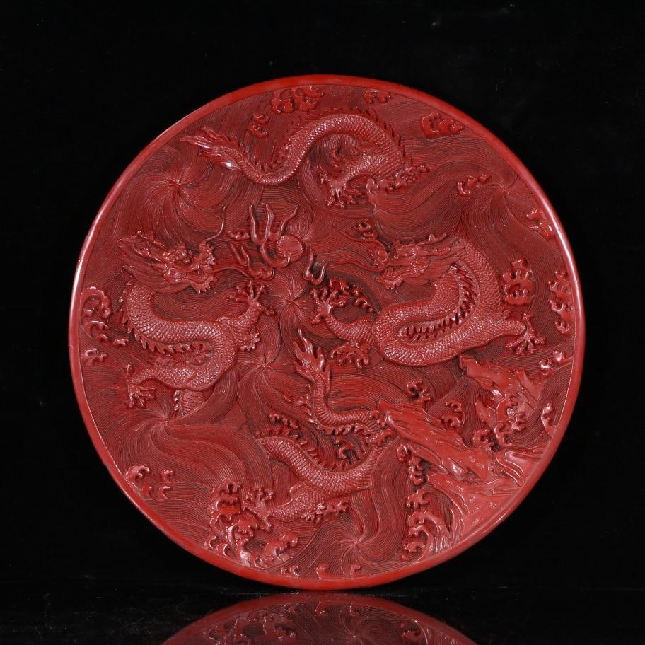 A beautiful old red lacquerware carved sea dragon pattern appreciation plate (1 of 9)