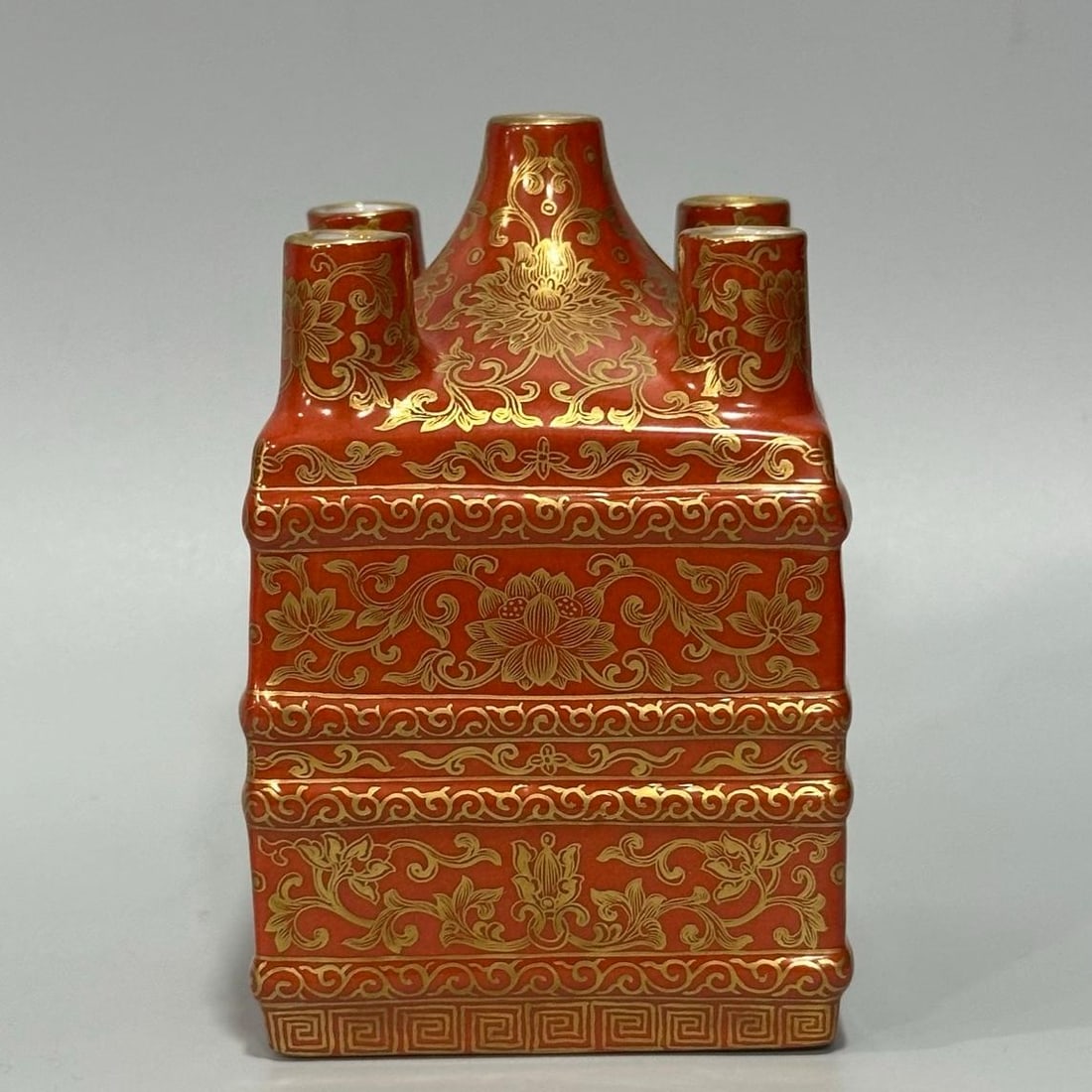 A five-tube square statue made in the Qianlong period of the Qing Dynasty with coral red gold (1 of 8)