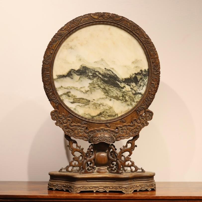 A Qing Dynasty Huanghuali inlaid marble interstitial screen (1 of 9)