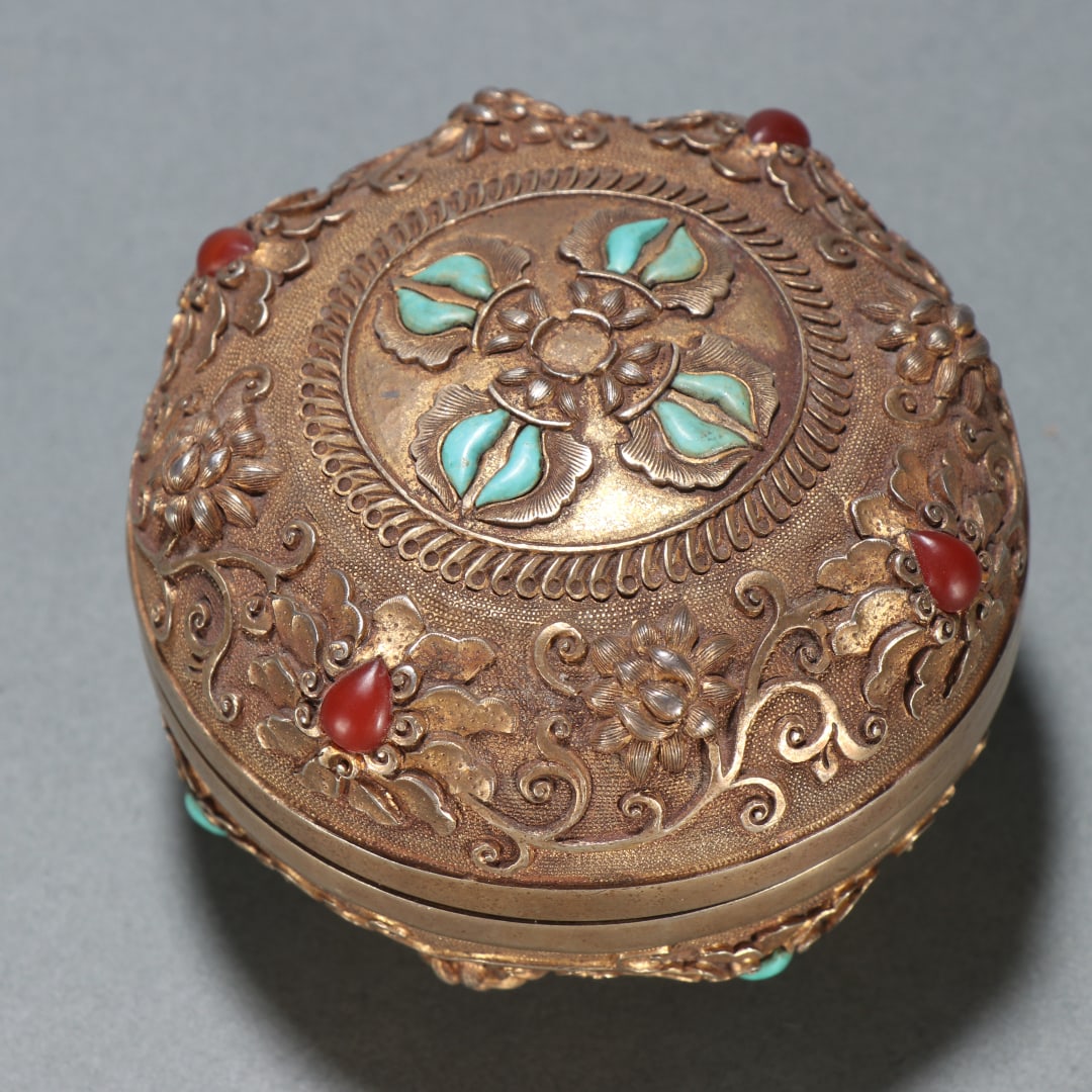 A beautiful copper-gilt turquoise patterned lid box (1 of 8)