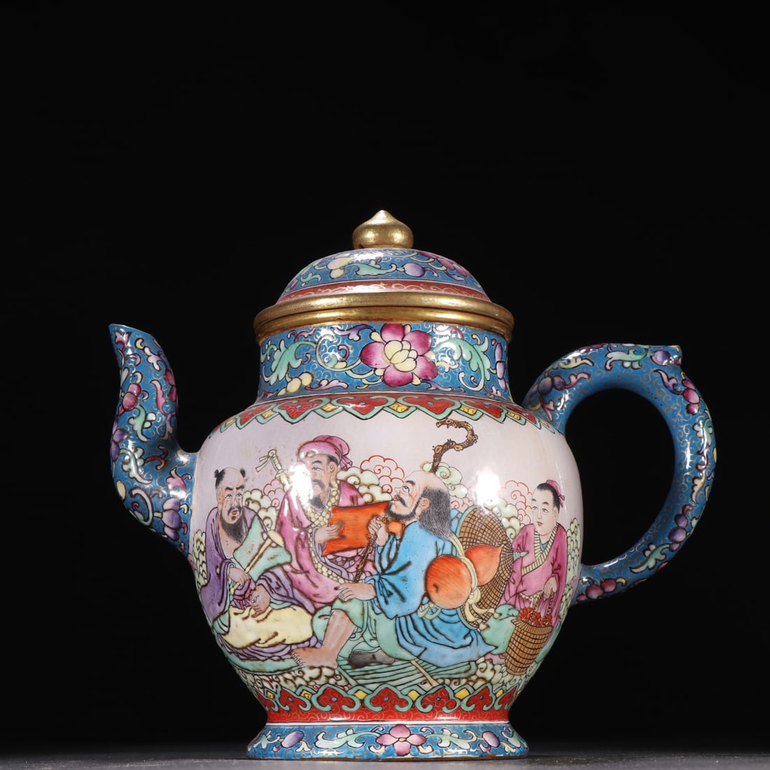 A Qing Dynasty purple sand enamel color Eight Immortals Crossing the Sea Diagram teapot: Qing Dynasty purple sand enamel color Eight Immortals Crossing the Sea Diagram teapot Size:H:21cmW:22.6cm (The Dimensions Of All Batches Are Manually Measured.If You Need More Detailed Information, Pl