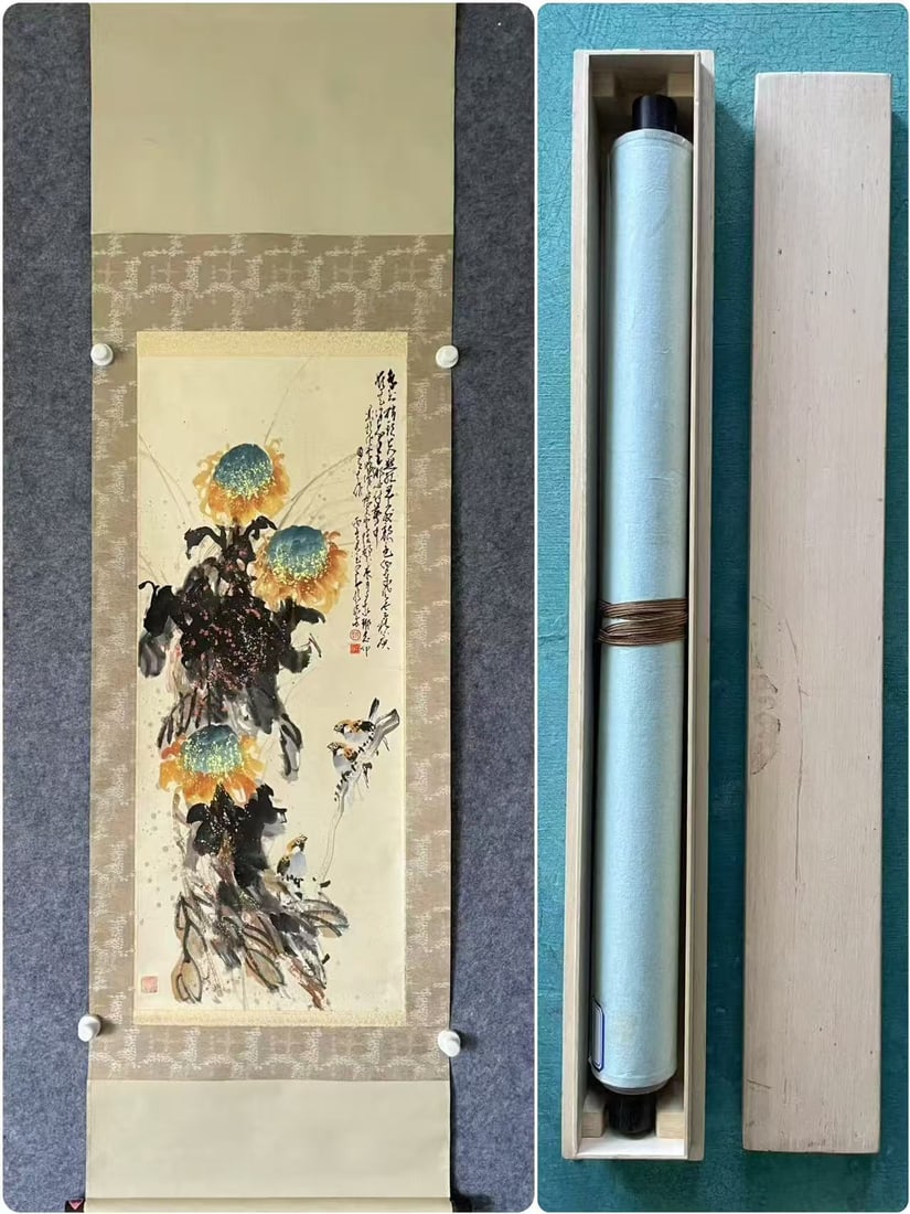 A picture of Zhao Shaoang's sunflower birds: Zhao Shaoang's sunflower bird picture Size:Painting core40.5×99cm (The Dimensions Of All Batches Are Manually Measured.If You Need More Detailed Information, Please Contact Our