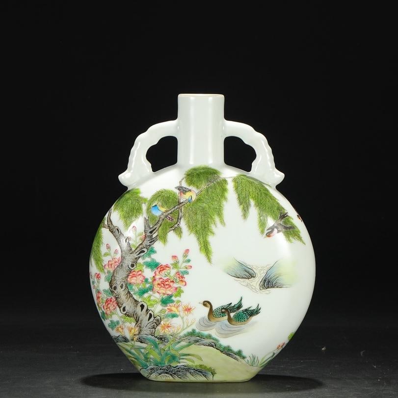 A large flat bottle with a large pattern of enamel color pool mandarin duck flower pattern made in (1 of 8)