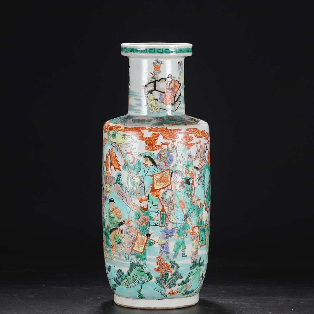 A blue and white colorful figure stick hanging bottle made in the Kangxi era of the Qing Dynasty: The blue and white colorful figure stick of the Kangxi era of the Qing Dynasty hangs the bottle Size:H:48cmCalibre13cmBellydiameter19cm (The Dimensions Of All Batches Are Manually