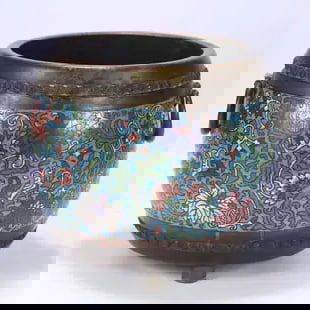 A fine copper tired cloisonn é enamel entwined floral pattern drum incense burner (1 of 3)