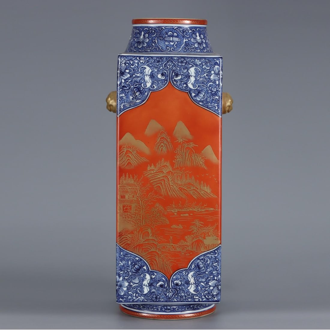 A Qing Dynasty Qianlong year blue and white alum red gold-painted landscape pattern animal ear: Qing Dynasty's Qianlong year system blue and white alum red gold-painted landscape pattern animal ear square bottle Size:H:50cm (The Dimensions Of All Batches Are Manually