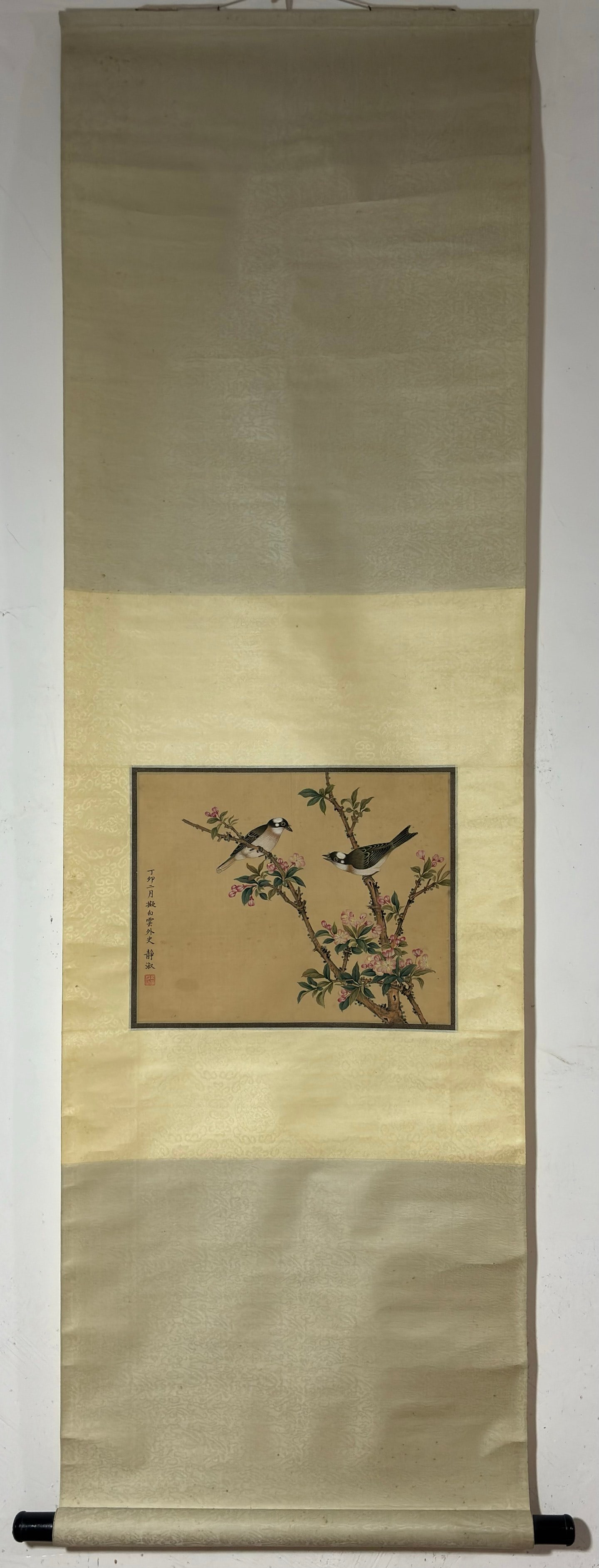 A vertical silk painting of flowers and birds by Pan Jingshu (1 of 6)